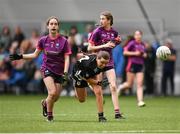 1 July 2023; Lauren Mooney of Maynooth in action against Emma Quill of Inbhear Scein Gaels during the John West Féile Peile na nÓg Finals 2023 at the Connacht GAA Centre of Excellence in Bekan, Mayo. Photo by Stephen Marken/Sportsfile