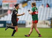 1 July 2023; Referee Maggie Farrelly and Sarah Tierney of Mayo during the TG4 LGFA All-Ireland Senior Championship match between Mayo and Laois at Hastings Insurance MacHale Park in Castlebar, Mayo. Photo by Tom Beary/Sportsfile