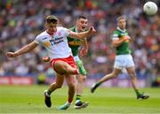 1 July 2023; Michael McKernan of Tyrone kicks his side's first point, in the 6th minute, during the GAA Football All-Ireland Senior Championship quarter-final match between Kerry and Tyrone at Croke Park in Dublin. Photo by Ray McManus/Sportsfile