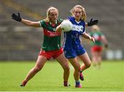 1 July 2023; Aimee Kelly of Laois in action against Shauna Howley of Mayo during the TG4 LGFA All-Ireland Senior Championship match between Mayo and Laois at Hastings Insurance MacHale Park in Castlebar, Mayo. Photo by Tom Beary/Sportsfile