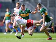 1 July 2023; Matthew Donnelly of Tyrone in action against Graham O'Sullivan, 2, and Jason Foley of Kerry during the GAA Football All-Ireland Senior Championship quarter-final match between Kerry and Tyrone at Croke Park in Dublin. Photo by Piaras Ó Mídheach/Sportsfile