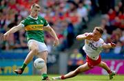 1 July 2023; Diarmuid O'Connor of Kerry shoots past Conn Kilpatrick of Tyrone to score a goal, in the 52nd minute, during the GAA Football All-Ireland Senior Championship quarter-final match between Kerry and Tyrone at Croke Park in Dublin. Photo by Ray McManus/Sportsfile