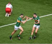 1 July 2023; Diarmuid O'Connor of Kerry celebrates with teammate Sean O'Shea, right, after scoring their side's first goal during the GAA Football All-Ireland Senior Championship quarter-final match between Kerry and Tyrone at Croke Park in Dublin. Photo by Brendan Moran/Sportsfile