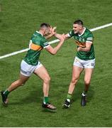 1 July 2023; Diarmuid O'Connor of Kerry celebrates with teammate Sean O'Shea, right, after scoring their side's first goal during the GAA Football All-Ireland Senior Championship quarter-final match between Kerry and Tyrone at Croke Park in Dublin. Photo by Brendan Moran/Sportsfile