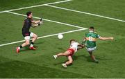 1 July 2023; Diarmuid O'Connor of Kerry scores his side's first goal past Niall Morgan and Conn Kilpatrick during the GAA Football All-Ireland Senior Championship quarter-final match between Kerry and Tyrone at Croke Park in Dublin. Photo by Brendan Moran/Sportsfile