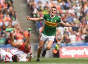 1 July 2023; Sean O'Shea of Kerry celebrates after scoring his side's second goal during the GAA Football All-Ireland Senior Championship quarter-final match between Kerry and Tyrone at Croke Park in Dublin. Photo John Sheridan/Sportsfile