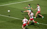 1 July 2023; David Clifford of Kerry has a shot on goal despite the attentions of Tyrone players Michael O’Neill, Ronan McNamee and Michael McKernan during the GAA Football All-Ireland Senior Championship quarter-final match between Kerry and Tyrone at Croke Park in Dublin. Photo by Brendan Moran/Sportsfile