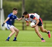 1 July 2023; Louis Katsihtis of New York in action against Hugh O'Sullivan of Laune Rangers during the John West Féile Peile na nÓg Finals 2023 at the Connacht GAA Centre of Excellence in Bekan, Mayo. Photo by Stephen Marken/Sportsfile