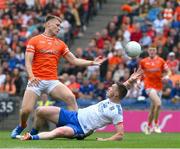 1 July 2023; Rian O'Neill of Armagh in action against Killian Lavelle of Monaghan during the GAA Football All-Ireland Senior Championship quarter-final match between Armagh and Monaghan at Croke Park in Dublin. Photo by Ray McManus/Sportsfile