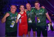 1 July 2023; Kellie Harrington of Ireland celebrates with coaches, from left, Zaur Antia, Noel Burke and Eoin Pluck after winning against Natalia Shadrina of Serbia in their Women's 60kg final bout at the Nowy Targ Arena during the European Games 2023 in Krakow, Poland. Photo by David Fitzgerald/Sportsfile