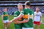 1 July 2023; Kerry players Paul Geaney and David Clifford, 14, after their side's victory in the GAA Football All-Ireland Senior Championship quarter-final match between Kerry and Tyrone at Croke Park in Dublin. Photo by Piaras Ó Mídheach/Sportsfile