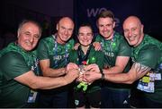 1 July 2023; Kellie Harrington of Ireland with her gold medal and coaches, from left, Zaur Antia, Noel Burke, Eoin Pluck and Damien Kennedy after winning her Women's 60kg final bout against Natalia Shadrina of Serbia at the Nowy Targ Arena during the European Games 2023 in Krakow, Poland. Photo by David Fitzgerald/Sportsfile