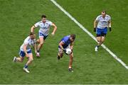 1 July 2023; Armagh goalkeeper Ethan Rafferty is chaced down by Monaghan players, from left, Ryan McAnespie, Dessie Ward and Jack McCarron during the GAA Football All-Ireland Senior Championship quarter-final match between Armagh and Monaghan at Croke Park in Dublin. Photo by Brendan Moran/Sportsfile