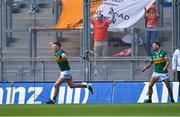 1 July 2023; Seán O'Shea of Kerry celebrates scoring his side's second goal, as Armagh supporters on Hill 16 join in, during the GAA Football All-Ireland Senior Championship quarter-final match between Kerry and Tyrone at Croke Park in Dublin. Photo by Piaras Ó Mídheach/Sportsfile