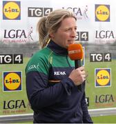 1 July 2023; Meath manager Jenny Rispin is interviewed by TG4 before the TG4 Ladies Football All-Ireland Senior Championship match between Meath and Donegal at Páirc Tailteann in Navan, Meath. Photo by Michael P Ryan/Sportsfile