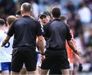 1 July 2023; Armagh manager Kieran McGeeney talks to referee Conor Lane at the end of normal time during the GAA Football All-Ireland Senior Championship quarter-final match between Armagh and Monaghan at Croke Park in Dublin. Photo by Piaras Ó Mídheach/Sportsfile