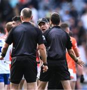 1 July 2023; Armagh manager Kieran McGeeney talks to referee Conor Lane at the end of normal time during the GAA Football All-Ireland Senior Championship quarter-final match between Armagh and Monaghan at Croke Park in Dublin. Photo by Piaras Ó Mídheach/Sportsfile
