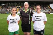 1 July 2023; Referee Declan Carolan with team captains Niamh Ní Lochlainn of Donegal, left, and Shauna Ennis of Meath before the TG4 Ladies Football All-Ireland Senior Championship match between Meath and Donegal at Páirc Tailteann in Navan, Meath. Photo by Michael P Ryan/Sportsfile