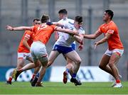 1 July 2023; Stephen O’Hanlon of Monaghan in action against Andrew Murnin, 15, and Stefan Campbell of Armagh during the GAA Football All-Ireland Senior Championship quarter-final match between Armagh and Monaghan at Croke Park in Dublin. Photo by Piaras Ó Mídheach/Sportsfile
