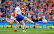 1 July 2023; Michael Bannigan of Monaghan in action against Aidan Forker of Armagh during the GAA Football All-Ireland Senior Championship quarter-final match between Armagh and Monaghan at Croke Park in Dublin. Photo by Ray McManus/Sportsfile