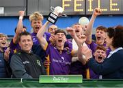 1 July 2023; Kilmacud Crokes captain Andrew Blanker lifts the cup after his side's victory in the John West Féile Peile na nÓg Finals 2023 at the Connacht GAA Centre of Excellence in Bekan, Mayo. Photo by Stephen Marken/Sportsfile