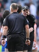 1 July 2023; Armagh manager Kieran McGeeney gestures towards referee Conor Lane at the end of normal time during the GAA Football All-Ireland Senior Championship quarter-final match between Armagh and Monaghan at Croke Park in Dublin. Photo by Piaras Ó Mídheach/Sportsfile