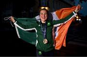 1 July 2023; Kellie Harrington of Ireland celebrates with her gold medal after winning her Women's 60kg final bout against Natalia Shadrina of Serbia at the Nowy Targ Arena during the European Games 2023 in Krakow, Poland. Photo by David Fitzgerald/Sportsfile