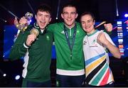 1 July 2023; Irish boxers, from left, Dean Clancy with his bronze medal, Jack Marley with his silver medal and gold medallist Kellie Harrington at the Nowy Targ Arena during the European Games 2023 in Krakow, Poland. Photo by David Fitzgerald/Sportsfile