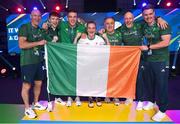1 July 2023; Gold medallist Kellie Harrington, centre, alongside bronze medallist Dean Clancy, second from left, and silver medallist Jack Marley with coaches, from left, Noel Burke, Zaur Antia, Damien Kennedy and Eoin Pluck at the Nowy Targ Arena during the European Games 2023 in Krakow, Poland. Photo by David Fitzgerald/Sportsfile