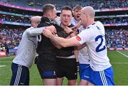 1 July 2023; Monaghan goalkeeper Rory Beggan celebrates with teammates after his side's victory in the penalty shoot-out of the GAA Football All-Ireland Senior Championship quarter-final match between Armagh and Monaghan at Croke Park in Dublin. Photo by Piaras Ó Mídheach/Sportsfile