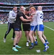 1 July 2023; Monaghan goalkeeper Rory Beggan celebrates with teammates after his side's victory in the penalty shoot-out of the GAA Football All-Ireland Senior Championship quarter-final match between Armagh and Monaghan at Croke Park in Dublin. Photo by Piaras Ó Mídheach/Sportsfile