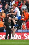 1 July 2023; Monaghan goalkeeper Rory Beggan and Ryan O'Toole celebrate after the GAA Football All-Ireland Senior Championship quarter-final match between Armagh and Monaghan at Croke Park in Dublin. Photo by Ray McManus/Sportsfile