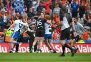 1 July 2023; Monaghan goalkeeper Rory Beggan and Ryan O'Toole and Monaghan team mates rush to celebrate after the GAA Football All-Ireland Senior Championship quarter-final match between Armagh and Monaghan at Croke Park in Dublin. Photo by Ray McManus/Sportsfile