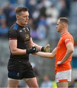 1 July 2023; Monaghan goalkeeper Rory Beggan shakes hands with Justin Kieran of Armagh after the GAA Football All-Ireland Senior Championship quarter-final match between Armagh and Monaghan at Croke Park in Dublin. Photo by Ray McManus/Sportsfile