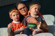 1 July 2023; Armagh supporter Laura Walsh, from Keady, comforts her two boys, Michael, five years, and 3 year old Tommy, after the GAA Football All-Ireland Senior Championship quarter-final match between Armagh and Monaghan at Croke Park in Dublin. Photo by Ray McManus/Sportsfile