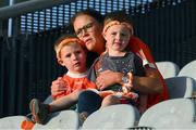 1 July 2023; Armagh supporter Laura Walsh,from Keady, comforts her two boys, Michael, five years, and 3 year old Tommy, after the GAA Football All-Ireland Senior Championship quarter-final match between Armagh and Monaghan at Croke Park in Dublin. Photo by Ray McManus/Sportsfile