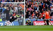 1 July 2023; The Monaghan goalkeeper Rory Beggan saves the first penalty from Callum Cumiskey of Armagh during the GAA Football All-Ireland Senior Championship quarter-final match between Armagh and Monaghan at Croke Park in Dublin. Photo by Ray McManus/Sportsfile