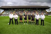 1 July 2023; Referee Declan Carolan with his officials before the TG4 Ladies Football All-Ireland Senior Championship match between Meath and Donegal at Páirc Tailteann in Navan, Meath. Photo by Michael P Ryan/Sportsfile