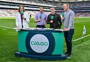 1 July 2023; GAAGO presenter Gráinne McElwain with analysts, from left, Marc Ó Sé, Paddy Andrews and Michael Murphy before the GAA Football All-Ireland Senior Championship quarter-final match between Kerry and Tyrone at Croke Park in Dublin. Photo by Brendan Moran/Sportsfile