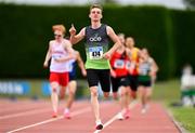 2 July 2023; Neil Culhane of Ace Athletics Club, Louth, celebrates on his way to winning in the Men's U20 800m event during the 123.ie Junior & U23 Track and Field Championships at Tullamore in Offaly. Photo by Ben McShane/Sportsfile
