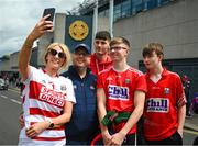 2 July 2023; Cork supporters Helen, Ger, Gavin, Ben and Cian Creedon, from Mallow, outside Croke Park before the GAA Football All-Ireland Senior Championship quarter-final match between Derry and Cork at Croke Park in Dublin. Photo by Ray McManus/Sportsfile