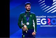 2 July 2023; Nathan Tait of Ireland with his silver medal after his bout against Martin Balint of Hungary in Men's Point Fighting 74kg Final at the Myslenice Arena during the European Games 2023 in Krakow, Poland. Photo by Tyler Miller/Sportsfile