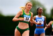 2 July 2023; Katie Bergin of Moyne AC, Tipperary, after winning the Women's U23 100m event during the 123.ie Junior & U23 Track and Field Championships at Tullamore in Offaly. Photo by Ben McShane/Sportsfile