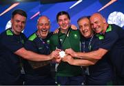 2 July 2023; Aoife O'Rourke of Ireland with her gold medal and coaches, from left, Eoin Pluck, Damien Kennedy, Zaur Antia and Noel Burke after winning her Women's 75kg Final bout against Davina-Myhra Michel of France at the Nowy Targ Arena during the European Games 2023 in Krakow, Poland. Photo by David Fitzgerald/Sportsfile