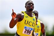 2 July 2023; Israel Olatunde of U.C.D. AC, Dublin, celebrates after winning the Men's U23 100m event during the 123.ie Junior & U23 Track and Field Championships at Tullamore in Offaly. Photo by Ben McShane/Sportsfile