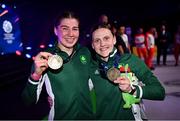 2 July 2023; Aoife O'Rourke of Ireland with her gold medal, left, and Michaela Walsh with her bronze medal at the Nowy Targ Arena during the European Games 2023 in Krakow, Poland. Photo by David Fitzgerald/Sportsfile