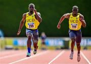 2 July 2023; Israel Olatunde of U.C.D. AC, Dublin, left, and Bori Akinola of U.C.D. AC, Dublin, competing in the Men's U23 100m event during the 123.ie Junior & U23 Track and Field Championships at Tullamore in Offaly. Photo by Ben McShane/Sportsfile