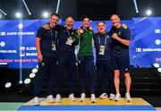 2 July 2023; Aoife O'Rourke of Ireland with her gold medal and coaches, from left, Eoin Pluck, Damien Kennedy, Zaur Antia and Noel Burke after winning her Women's 75kg Final bout against Davina-Myhra Michel of France at the Nowy Targ Arena during the European Games 2023 in Krakow, Poland. Photo by David Fitzgerald/Sportsfile