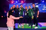 2 July 2023; Aoife O'Rourke of Ireland with her gold medal, left, and Michaela Walsh with her bronze medal and coaches, from left, Noel Burke, Damien Kennedy, Zaur Anita and Eoin Pluck at the Nowy Targ Arena during the European Games 2023 in Krakow, Poland. Photo by David Fitzgerald/Sportsfile