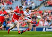 2 July 2023; Steven Sherlock of Cork in action against Gareth McKinless of Derry during the GAA Football All-Ireland Senior Championship quarter-final match between Derry and Cork at Croke Park in Dublin. Photo by Ray McManus/Sportsfile